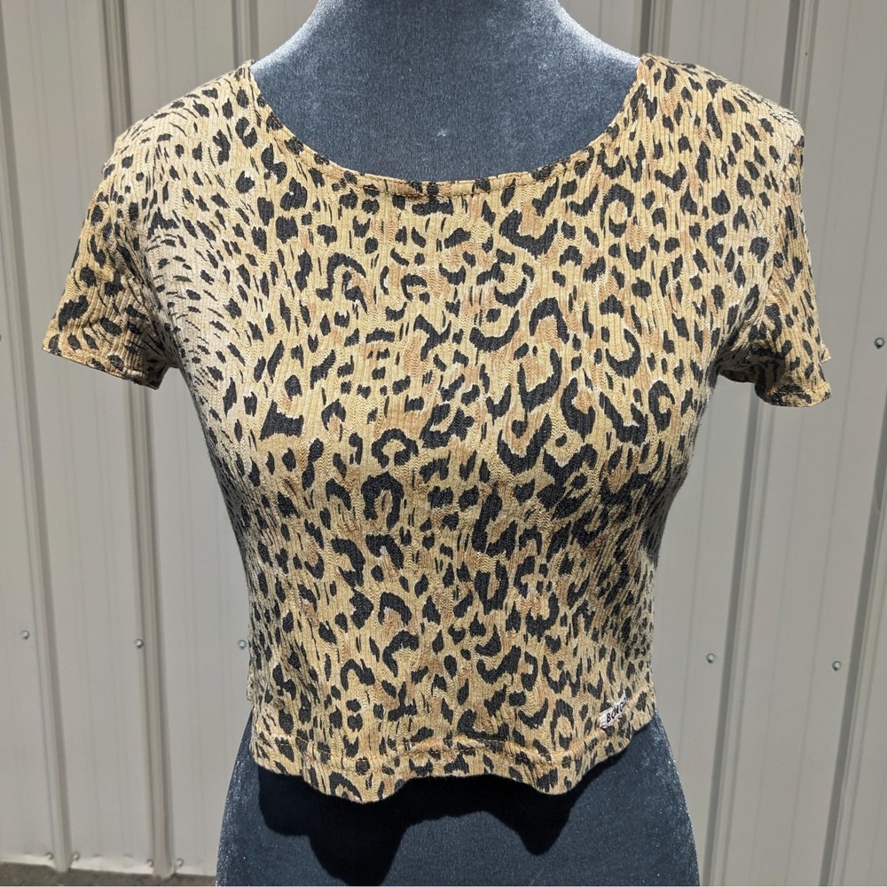 Vintage 90s Bongo Leopard Print Crop Top S Ribbed Knit Baby Tee Indie Sleaze Y2K